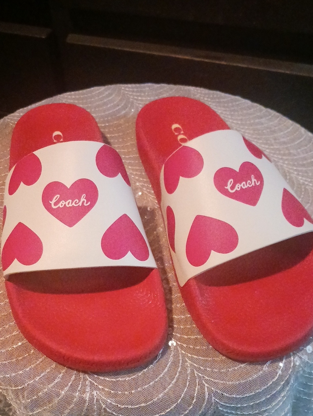 Coach White Strap Red Slides with Pink Heart Motif
